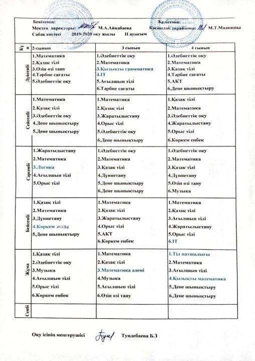 "Көктал орта мектеп-бақша" КММ-сі 2019-2020 оқу жылы бойынша сабақ кестесі.