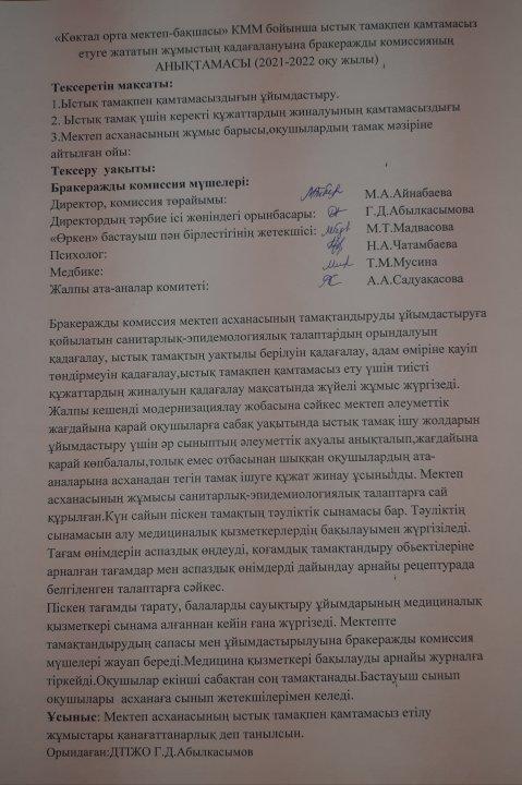 "Көктал орта мектеп-бақшасы"КММ тамақтандырудың сапалық мониторингі