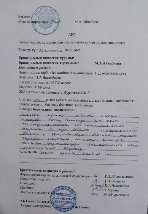 "Көктал орта мектеп-бақшасы"тамақтандырудың сапалық мониторингі