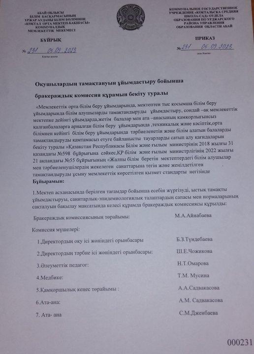 "Көктал орта мекте-бақшасы" КММ бракераждық бұйрық