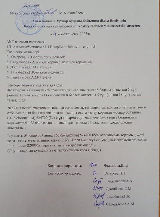 "Көктал орта мектеп-бақшасы" КММ АКТ